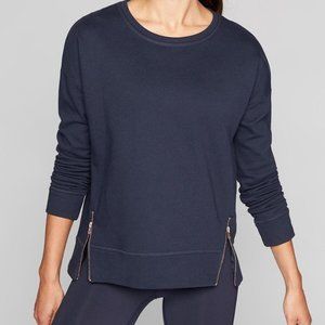 ATHLETA Womens small sweatshirt Cityscape Pullover Navy Blue Gold Zipper 868491